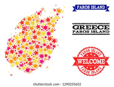Mosaic map of Paros Island designed with colored flat stars, and grunge textured stamps, isolated on an white background. Vector colored geographic abstraction of map of Paros Island with red, yellow,
