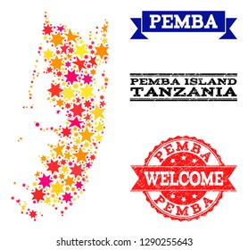 Mosaic map of Pemba island composed with colored flat stars, and grunge textured stamps, isolated on an white background. Vector colored geographic abstraction of map of Pemba island with red, yellow,