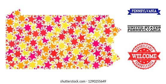 Mosaic map of Pennsylvania State created with colored flat stars, and grunge textured stamps, isolated on an white background.