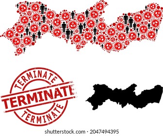 Mapa mosaico del estado de Pernambuco construido a partir de elementos de infección cómodos y elementos de personas. Finalice el sello de retenes de grano. Artículos para personas negras y elementos de color rojo covid-2019.