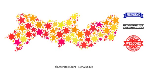 Mosaic map of Pernambuco State formed with colored flat stars, and grunge textured stamps, isolated on an white background. Vector colored geographic abstraction of map of Pernambuco State with red,