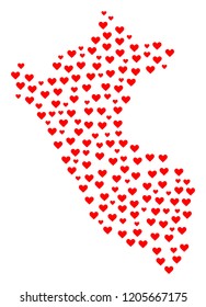 Mosaic map of Peru created with red love hearts. Vector lovely geographic abstraction of map of Peru with red romantic symbols. Romantic design for patriotic posters.