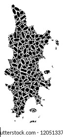 Mosaic map of Phuket formed with black flat geometric objects, such as triangles, stars, rectangles, circles, ellipses, segments, sectors, rhombuses, squares, polygons, semi-circles.