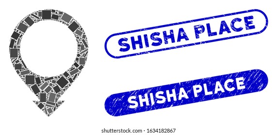 Mosaic map pointer and corroded stamp seals with Shisha Place text. Mosaic vector map pointer is designed with scattered rectangle items. Shisha Place stamp seals use blue color,
