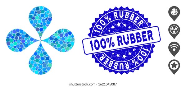 Mosaic map pointers icon and rubber stamp seal with 100% Rubber caption. Mosaic vector is composed with map pointers icon and with randomized spheric elements. 100% Rubber stamp seal uses blue color,