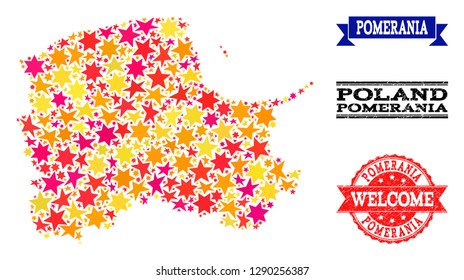 Mosaic map of Pomerania Province designed with colored flat stars, and grunge textured stamps, isolated on an white background.