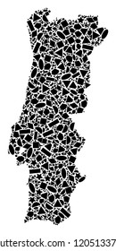 Mosaic map of Portugal formed with black flat geometric objects, such as triangles, stars, rectangles, circles, ellipses, segments, sectors, rhombuses, squares, polygons, semi-circles.
