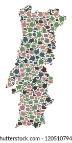 Mosaic map of Portugal formed with colored flat stones. Vector particolored geographic abstraction of map of Portugal.