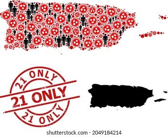 Mosaikkarte von Puerto Rico, konstruiert aus coviden Virusartikeln und Populationssymbolen. 21 Nur Schornstempel. Schwarze männliche Elemente und rote covid-Virusartikel. 21 Nur Titel innerhalb des runden Siegels.