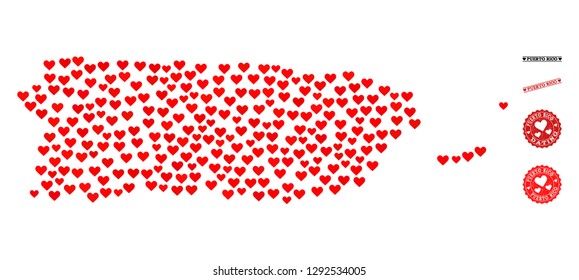 Mosaic map of Puerto Rico designed with red love hearts, and grunge stamp seals for Valentines day. Vector lovely geographic abstraction of map of Puerto Rico with red romantic symbols.