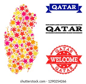 Mosaic map of Qatar composed with colored flat stars, and grunge textured stamps, isolated on an white background. Vector colored geographic abstraction of map of Qatar with red, yellow, orange stars.
