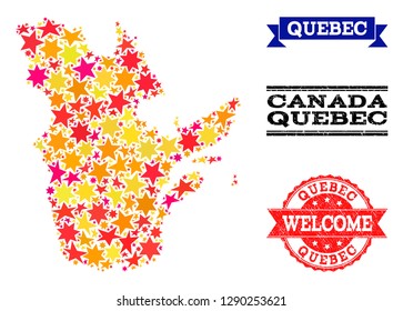 Mosaic map of Quebec Province composed with colored flat stars, and grunge textured stamps, isolated on an white background. Vector colored geographic abstraction of map of Quebec Province with red,