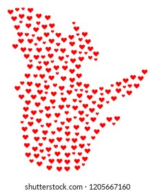 Mosaic map of Quebec Province created with red love hearts. Vector lovely geographic abstraction of map of Quebec Province with red romantic symbols. Romantic design for political purposes.