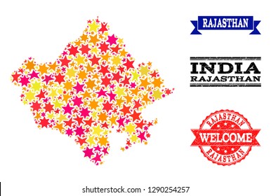Mosaic map of Rajasthan State designed with colored flat stars, and grunge textured stamps, isolated on an white background. Vector colored geographic abstraction of map of Rajasthan State with red,