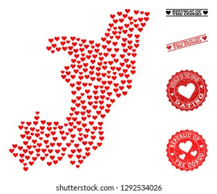 Mosaic map of Republic of the Congo composed with red love hearts, and grunge watermarks for dating. Vector lovely geographic abstraction of map of Republic of the Congo with red dating symbols.