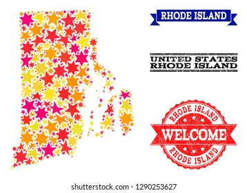 Mosaic map of Rhode Island State designed with colored flat stars, and grunge textured stamps, isolated on an white background.
