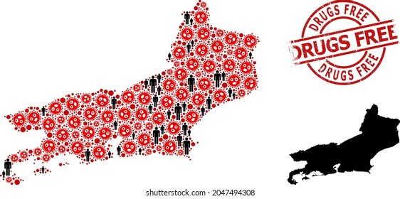 Mapa mosaico del estado de Río de Janeiro diseñado a partir de íconos del virus de la gripe y objetos humanos. Marca de agua de peligro libre de drogas. Iconos del hombre negro e íconos del virus de la gripe roja. Mensaje libre de drogas dentro del sello de redondeo.