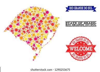 Mosaic map of Rio Grande do Sul State designed with colored flat stars, and grunge textured stamps, isolated on an white background.