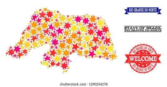 Mosaic map of Rio Grande do Norte State designed with colored flat stars, and grunge textured stamps, isolated on an white background.