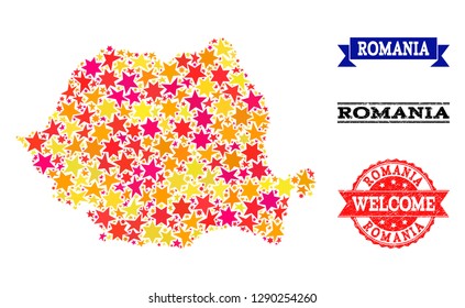 Mosaic map of Romania created with colored flat stars, and grunge textured stamps, isolated on an white background. Vector colored geographic abstraction of map of Romania with red, yellow,