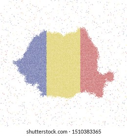 Mosaic map of Romania with flag colors in vector illustration.