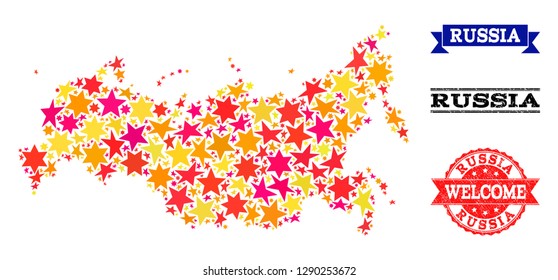 Mosaic map of Russia composed with colored flat stars, and grunge textured stamps, isolated on an white background. Vector colored geographic abstraction of map of Russia with red, yellow,