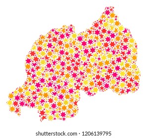 Mosaic map of Rwanda formed with colored flat stars. Vector colored geographic abstraction of map of Rwanda with red, yellow, orange stars. Festive design for holiday illustrations.