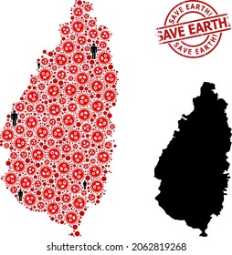 Mosaic map of Saint Lucia Island constructed from SARS virus icons and humans icons. Save Earth exclamation grunge watermark. Black person symbols and red flu virus icons.