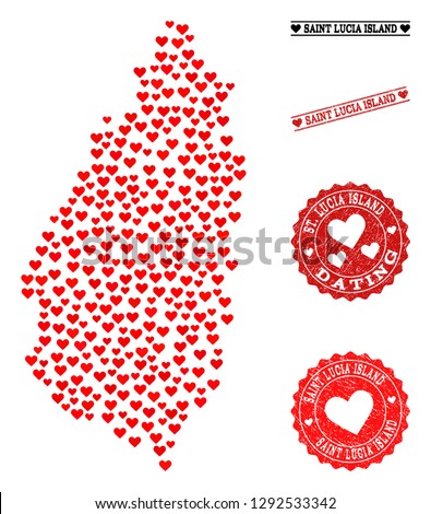 Mosaic map of Saint Lucia Island designed with red love hearts, and rubber watermarks for dating. Vector lovely geographic abstraction of map of Saint Lucia Island with red romance symbols.