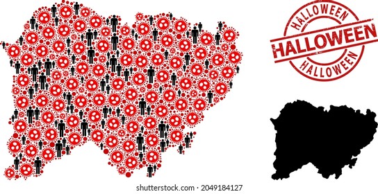 Mosaic map of Salamanca Province designed from covid icons and humans items. Halloween textured watermark. Black person items and red flu virus icons. Halloween caption inside round watermark.