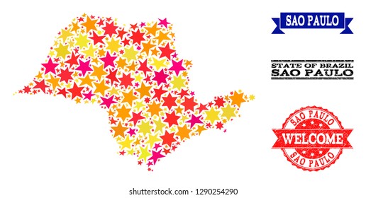 Mosaic map of Sao Paulo State composed with colored flat stars, and grunge textured stamps, isolated on an white background. Vector colored geographic abstraction of map of Sao Paulo State with red,