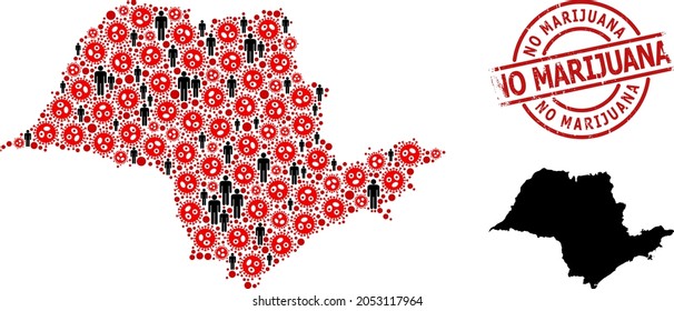 Mosaic map of Sao Paulo State united from covid virus icons and humans elements. No Marijuana textured stamp. Black man items and red covid infection elements.