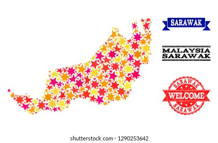 Mosaic map of Sarawak created with colored flat stars, and grunge textured stamps, isolated on an white background. Vector colored geographic abstraction of map of Sarawak with red, yellow,