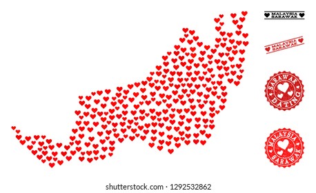 Mosaic map of Sarawak created with red love hearts, and rubber stamp seals for Valentines day. Vector lovely geographic abstraction of map of Sarawak with red romantic symbols.