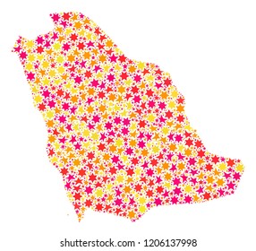 Mosaic map of Saudi Arabia designed with colored flat stars. Vector colored geographic abstraction of map of Saudi Arabia with red, yellow, orange stars. Festive design for New Year illustrations.