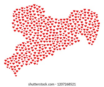 Mosaic map of Saxony map created with red love hearts. Vector lovely geographic abstraction of map of Saxony map with red romantic symbols. Romantic design for dating purposes.
