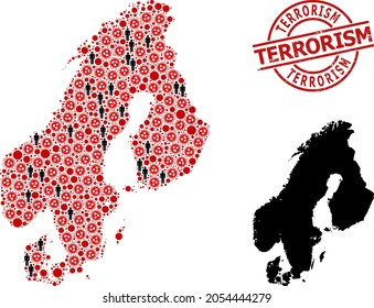 Mosaic Map Of Scandinavia Composed Of Covid Virus Items And Population Items. Terrorism Grunge Seal Stamp. Black Person Elements And Red Sars Virus Items. Terrorism Caption Is Inside Round Stamp.