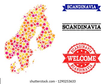 Mosaic map of Scandinavia designed with colored flat stars, and grunge textured stamps, isolated on an white background. Vector colorful geographic abstraction of map of Scandinavia with red, yellow,