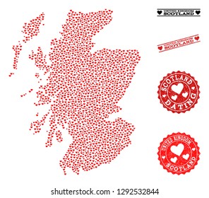 Mosaic map of Scotland created with red love hearts, and grunge stamp seals for dating. Vector lovely geographic abstraction of map of Scotland with red romantic symbols.