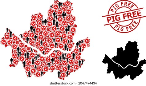 Mosaic map of Seoul Municipality united from sars virus items and humans icons. Pig Free textured seal. Black people items and red SARS virus items. Pig Free message is inside round seal.