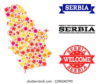 Mosaic map of Serbia formed with colored flat stars, and grunge textured stamps, isolated on an white background. Vector colored geographic abstraction of map of Serbia with red, yellow, orange stars.