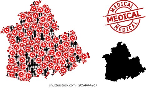 Mosaic map of Sevilla Province composed of covid items and humans icons. Medical textured stamp. Black men icons and red covid icons. Medical message is inside round seal stamp.