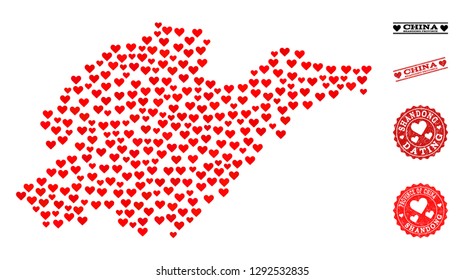 Mosaic map of Shandong Province composed with red love hearts, and grunge watermarks for Valentines day. Vector lovely geographic abstraction of map of Shandong Province with red romantic symbols.