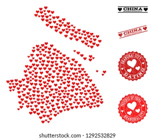 Mosaic map of Shanghai Municipality formed with red love hearts, and grunge watermarks for Valentines day.