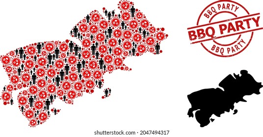 Mosaic map of Shikotan Island united from covid infection icons and people elements. BBQ Party grunge watermark. Black crowd items and red covid virus items. BBQ Party text inside round watermark.