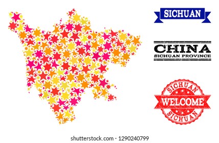 Mosaic map of Sichuan Province composed with colored flat stars, and grunge textured stamps, isolated on an white background. Vector bright geographic abstraction of map of Sichuan Province with red,