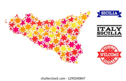 Mosaic map of Sicilia Island composed with colored flat stars, and grunge textured stamps, isolated on an white background. Vector colored geographic abstraction of map of Sicilia Island with red,