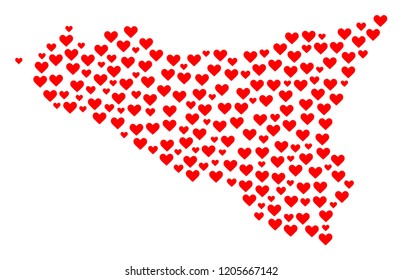 Mosaic map of Sicilia Island designed with red love hearts. Vector lovely geographic abstraction of map of Sicilia Island with red romantic symbols. Romantic design for relations posters.