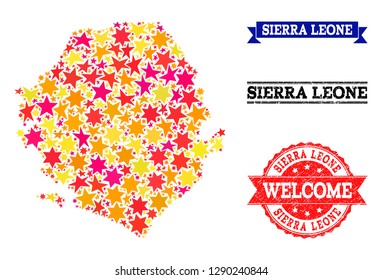 Mosaic map of Sierra Leone designed with colored flat stars, and grunge textured stamps, isolated on an white background. Vector colored geographic abstraction of map of Sierra Leone with red, yellow,