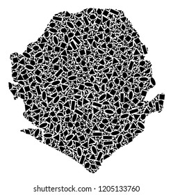 Mosaic map of Sierra Leone formed with black flat geometric objects, such as triangles, stars, rectangles, circles, ellipses, segments, sectors, rhombuses, squares, polygons, semi-circles.